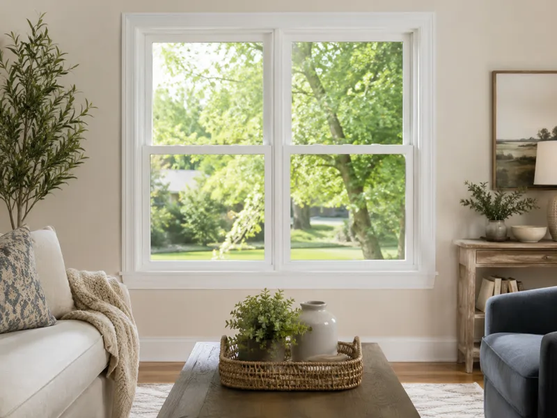 Bright living room with a new double-hung replacement window and clear view, installed by TC Backer Construction